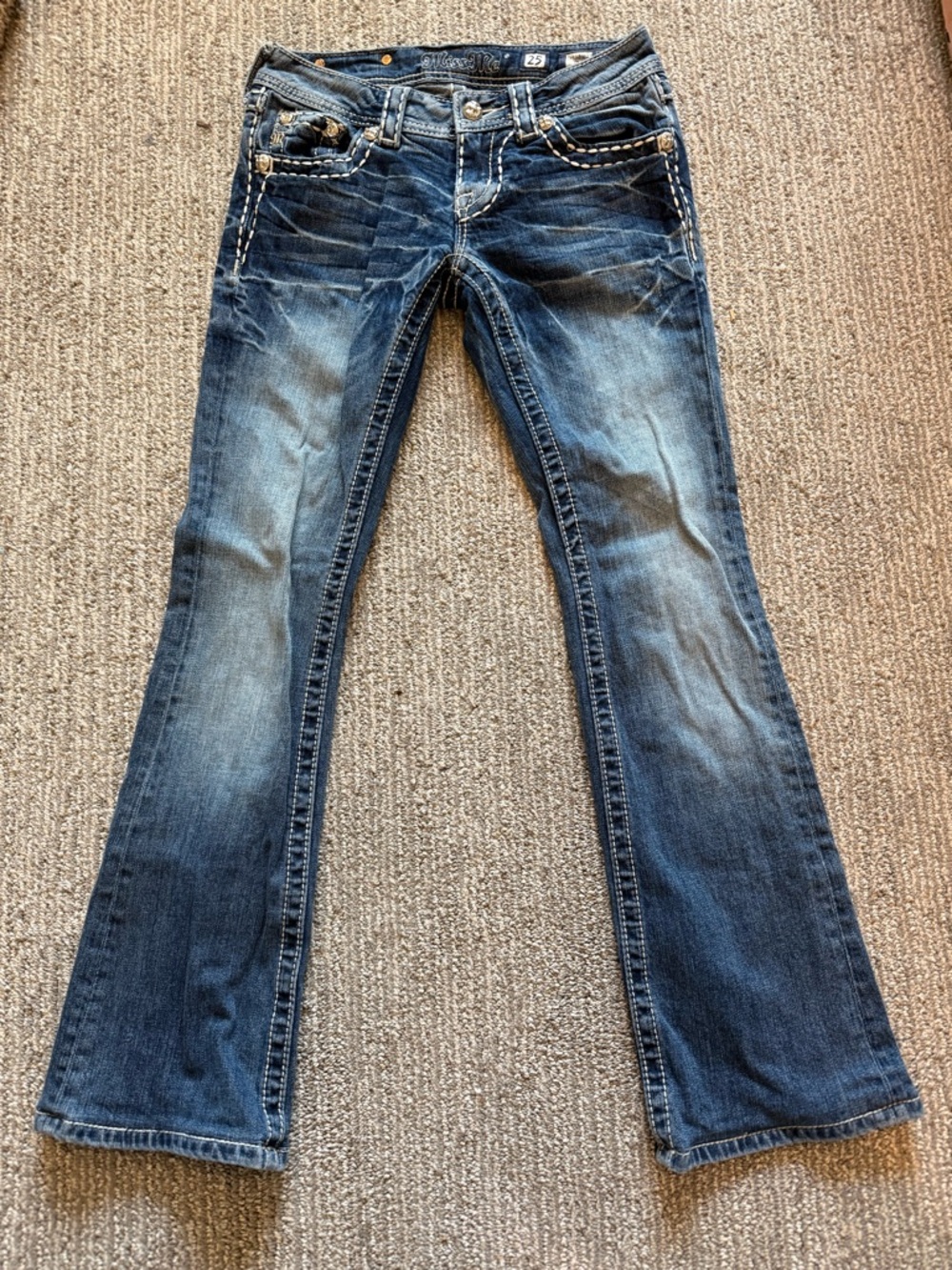 Miss Me Bootcut Jeans Size 25 Embellished Flap Pocket Thick Stitch | Y2K Western